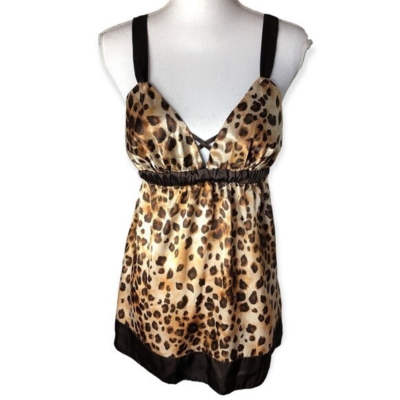 Morgan Taylor Intimates Cheetah Print Satin Babydoll Slip Dress - Picture 1 of 5